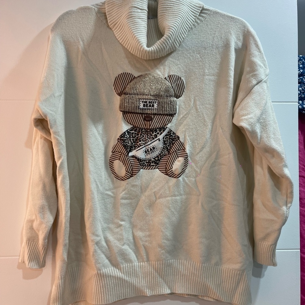 Vecceli Italy Cream and Brown Cowl Neck Sweater with Bear Design